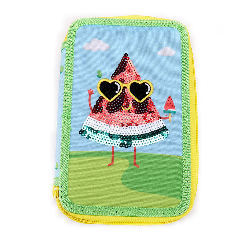 Estuche para lápices con cremalleras dobles y sandía con ribete trenzado para estudiantes